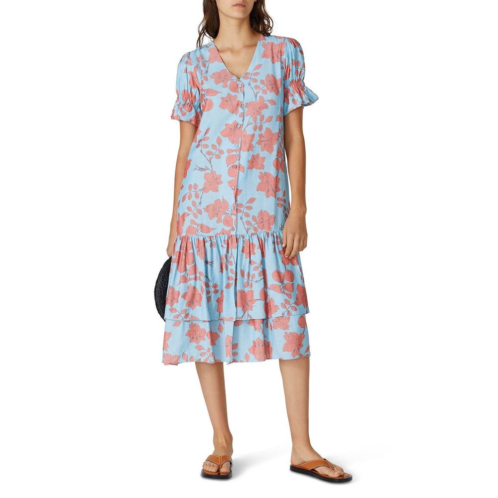LoboRosa Botones Blue Peach Floral Print Button Front Short Sleeve Midi Dress XS